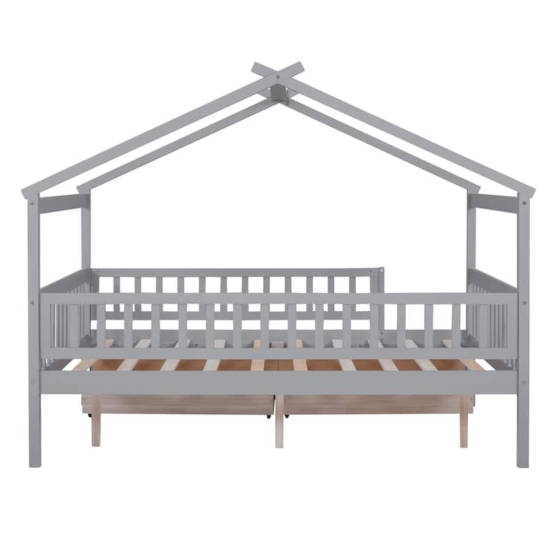 Full Size Wooden House Bed with Two Drawers and Roof Design for Kids