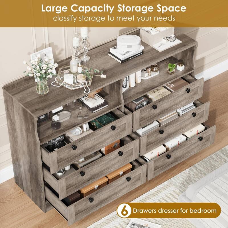 6 Drawer Dresser for Bedroom, 55" Wood Chest of Drawers with Charging Station, LED Lights and 2 Storage Compartments