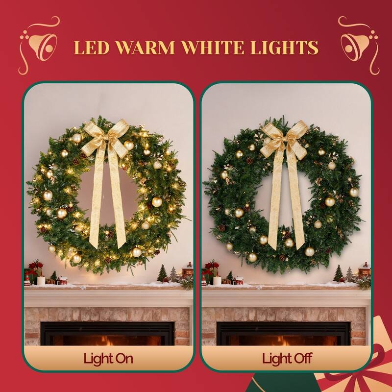 4Pre-lit Christmas Wreath with Warm White Lights and DIY Ornaments for Front Door Gate Wall Xmas Party Decorations