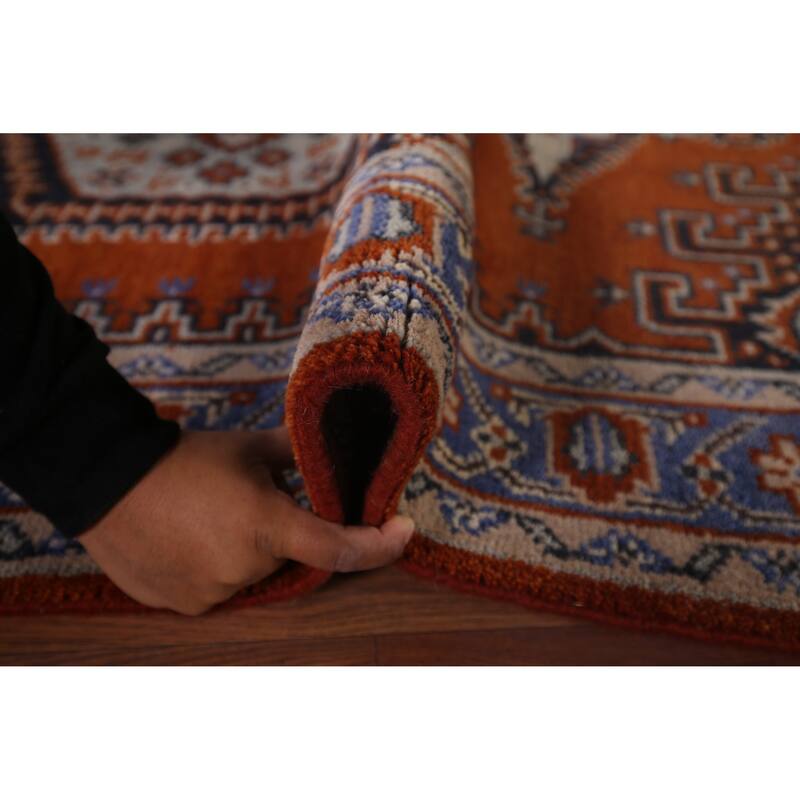 Orange Geometric Viss Indian Area Rug Hand-Knotted Wool Carpet - 4'0"x 6'3"