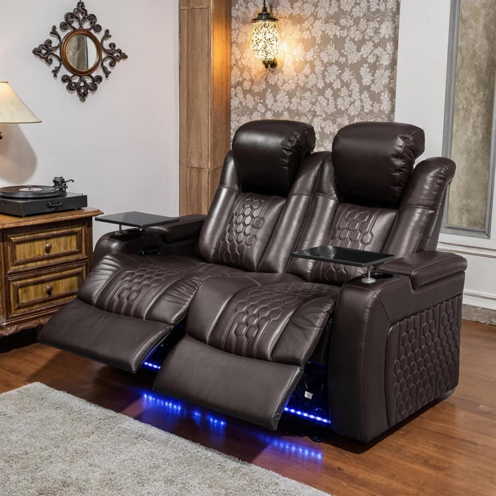 Roomfitters 62" Power Recliner 2-Piece Set, Top-Grain Nappa Leather, 30-Color RGB LED & USB-C Charging, Coffee