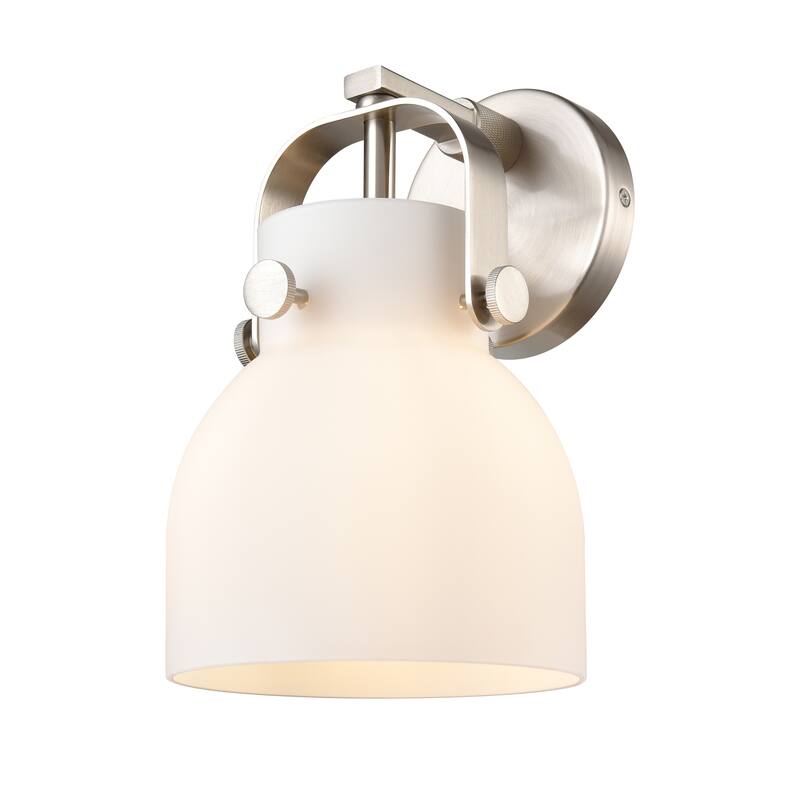 Innovations Lighting Pilaster II Bell - 1 Light 7" Wall-Mounted Sconce - Satin Nickel/Matte White