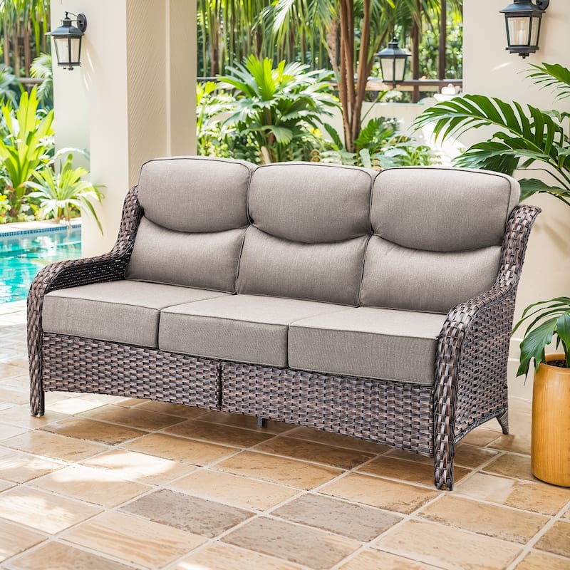 Outdoor Sofa with 6-Inch Thick Cushions Furniture for Porch - Brwon Wicker Beige Cushion - Only Sofa