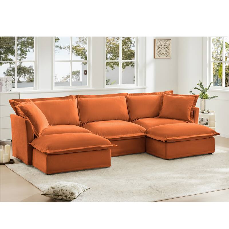 3-Seater Slipcovered U-Shape Sectional Deep Seat Sofa Couch with 2 Ottomans