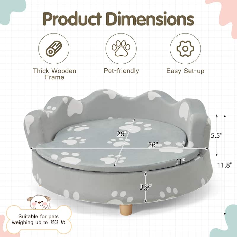 EROMMY 26" Raised Dog Sofa Bed with 3-Sided Bolster and Thick Foam Base, Comfortable Pet Couch with Removable Cushion Cover