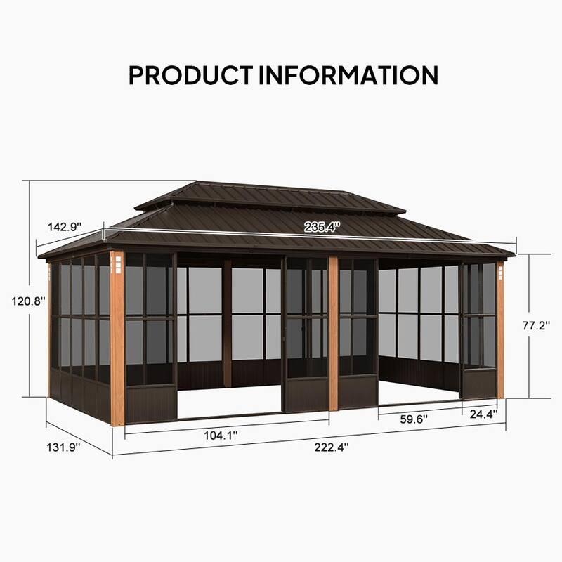 PURPLE LEAF Bronze Sunroom Double Top Outdoor All-Weather Screen House Patio Hardtop Gazebo