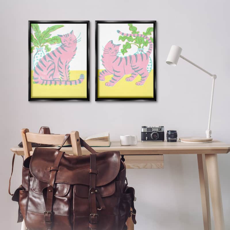 Stupell Pastel Pink Cats & Plants Framed Floater Canvas Wall Art Design By Hannah Moren (Set of 2)