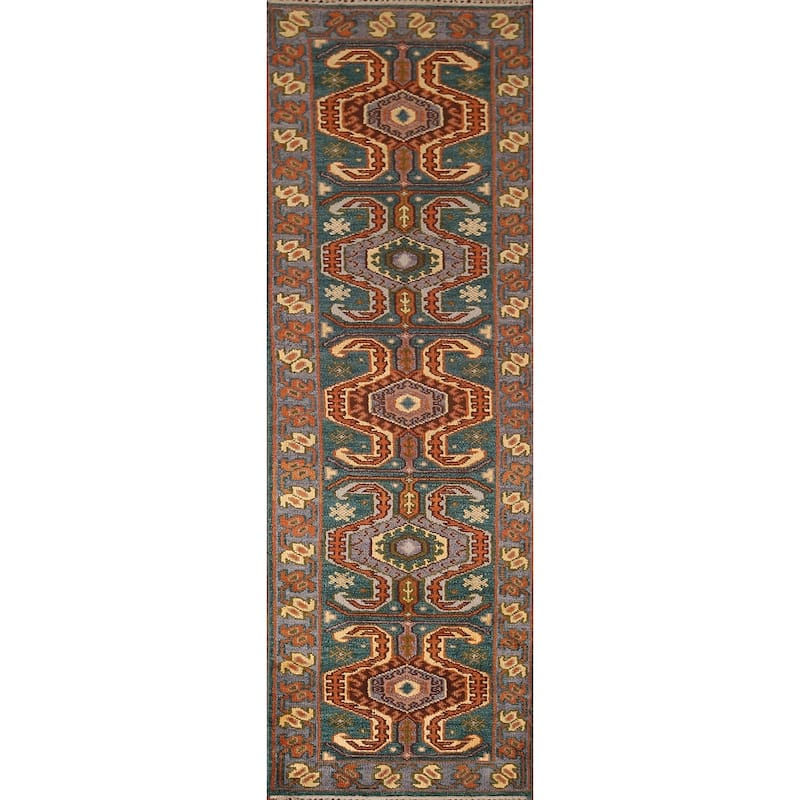 Green Geometric Kazak Indian Runner Rug Hand-Knotted Wool Carpet - 2'5"x 9'9"