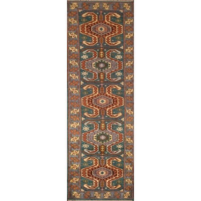 Green Geometric Kazak Indian Runner Rug Hand-Knotted Wool Carpet - 2'5"x 9'9"