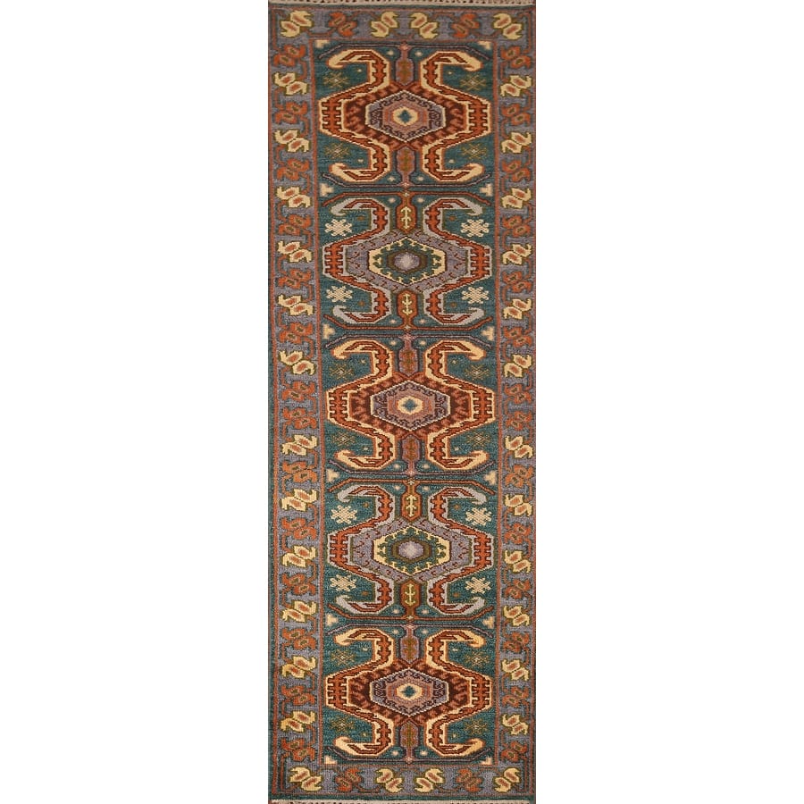 Green Geometric Kazak Indian Runner Rug Hand-Knotted Wool Carpet - 2'5"x 9'9"