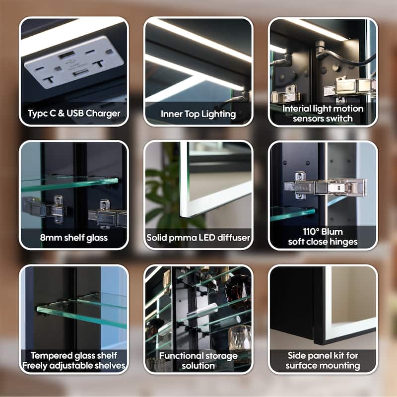 30'' H Recessed Or Surface Wall Mounted LED Mirror Cabinet With Mirror And Adjustable Shelves,Black Frame