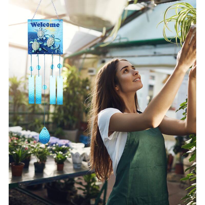 CoTa Global "Welcome Blue Turtle Hanging Sea Glass Wind Chime