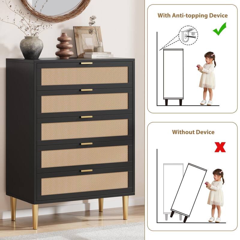 5 Drawers Tall Rattan Dresser, with Metal Legs and Handles, 44''