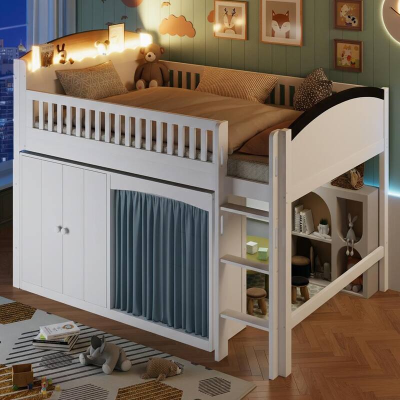 Loft Bed with LED Headboard, Double-Door Cabinet & Integrated Wardrobe by Harper&Bright Designs - White - Twin