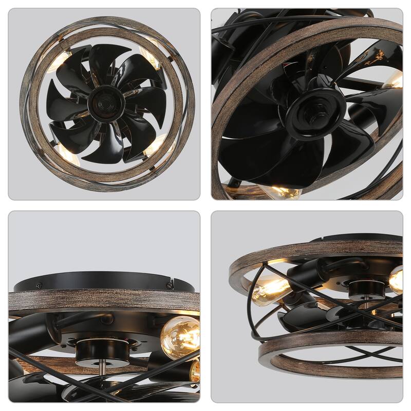CurveCurio 18" Drum Farmhouse Wood Ceiling Fan, Wood Fan Light with Metal Accents, 4 Light 3 Fan Speed w Remote Control