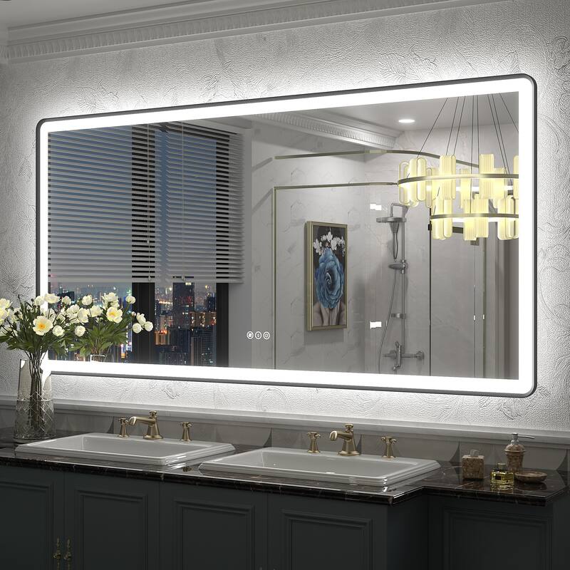 UL Certified Front & Back LED Anti-Fog Tempered Glass Framed Bathroom/Vanity Mirror 3-Year Warranty - 60" x 30"-Rounded Corner - Black