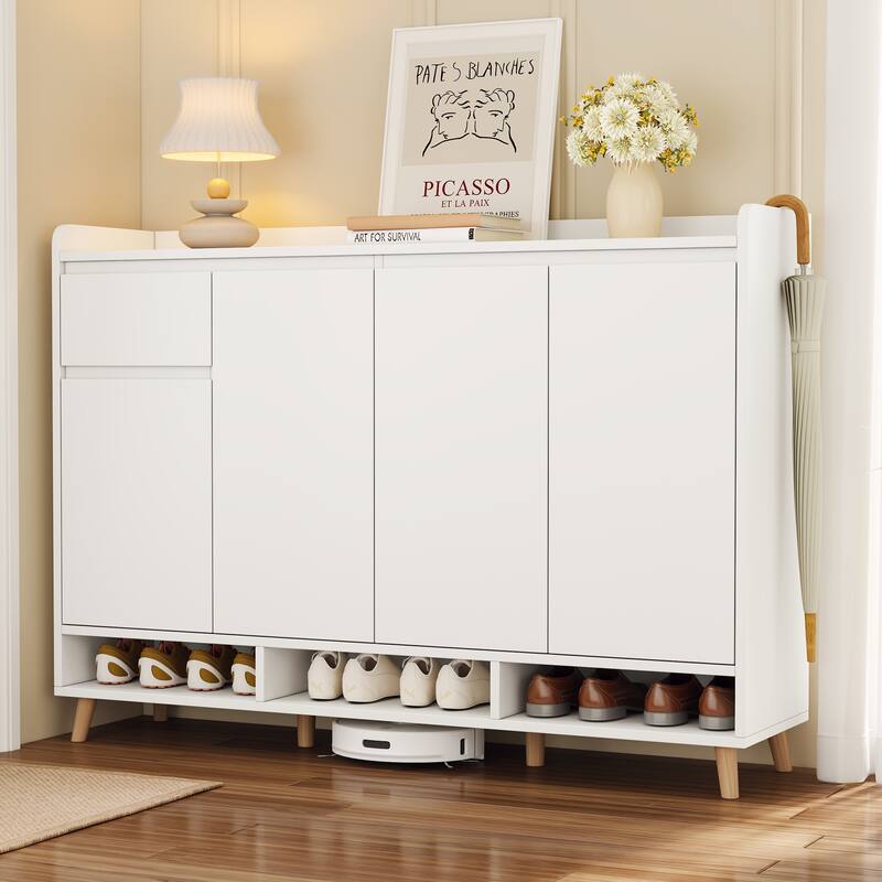 Sleek Contemporary Shoe Cabinet with Adjustable Shelves and Solid Wood Legs - 55.1" W × 13.8" D × 39.4" H