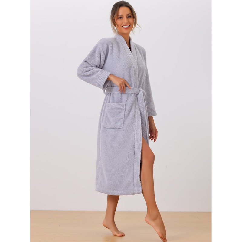Women's Fluffy Fleece Robe Long Sleeve Thick Plush Self Tie Long Bathrobe - Purple - M
