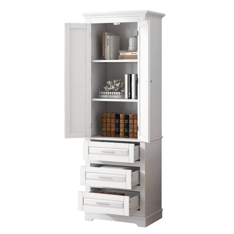 70" Tall Storage Cabinet with Doors and Three Drawers for Bathroom/Office