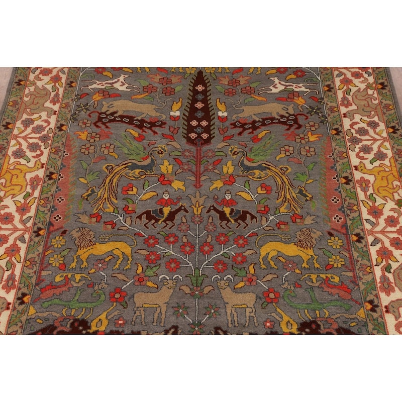 Hunting Animals Ziegler Indian Area Rug Hand-Knotted Wool Carpet - 9'1" X 11'10"
