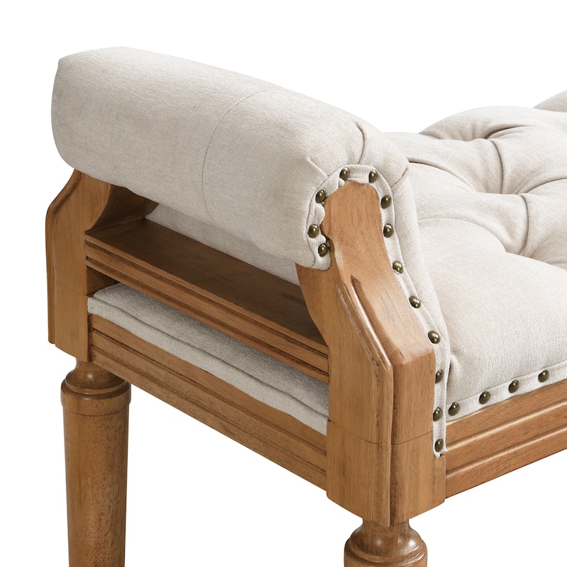 Christopher Knight Home - Mid-Century Solid Rubberwood Upholstered Bench with Rolled Arms, Button-Tufted Cushion & Nailhead Trim