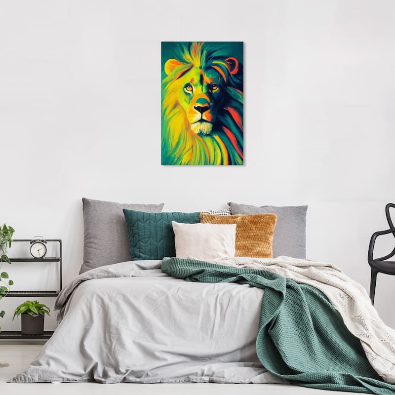 Wynwood Studio Canvas Animals Feline Royalty Green and Bohemian & Eclectic Wall Art Canvas Print - Green, Orange - 24 x 16