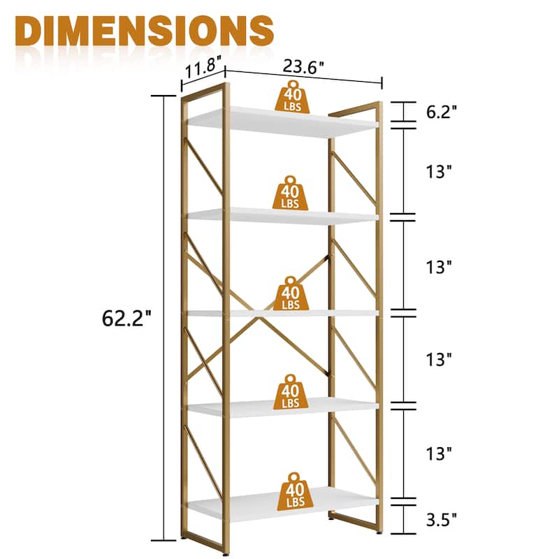 H-Shaped 5-Tier Storage Bookcase, 62.2" Tall Standing Bookshelf with Adjustable Feet