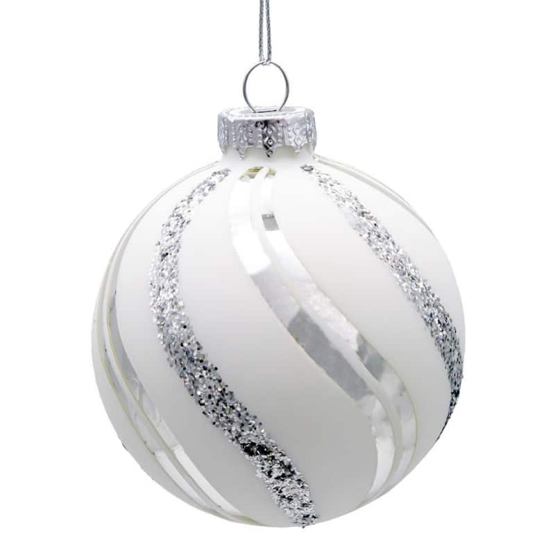 Glittered Swirl Christmas Ball Ornaments 3" 80mm White Silver 6ct