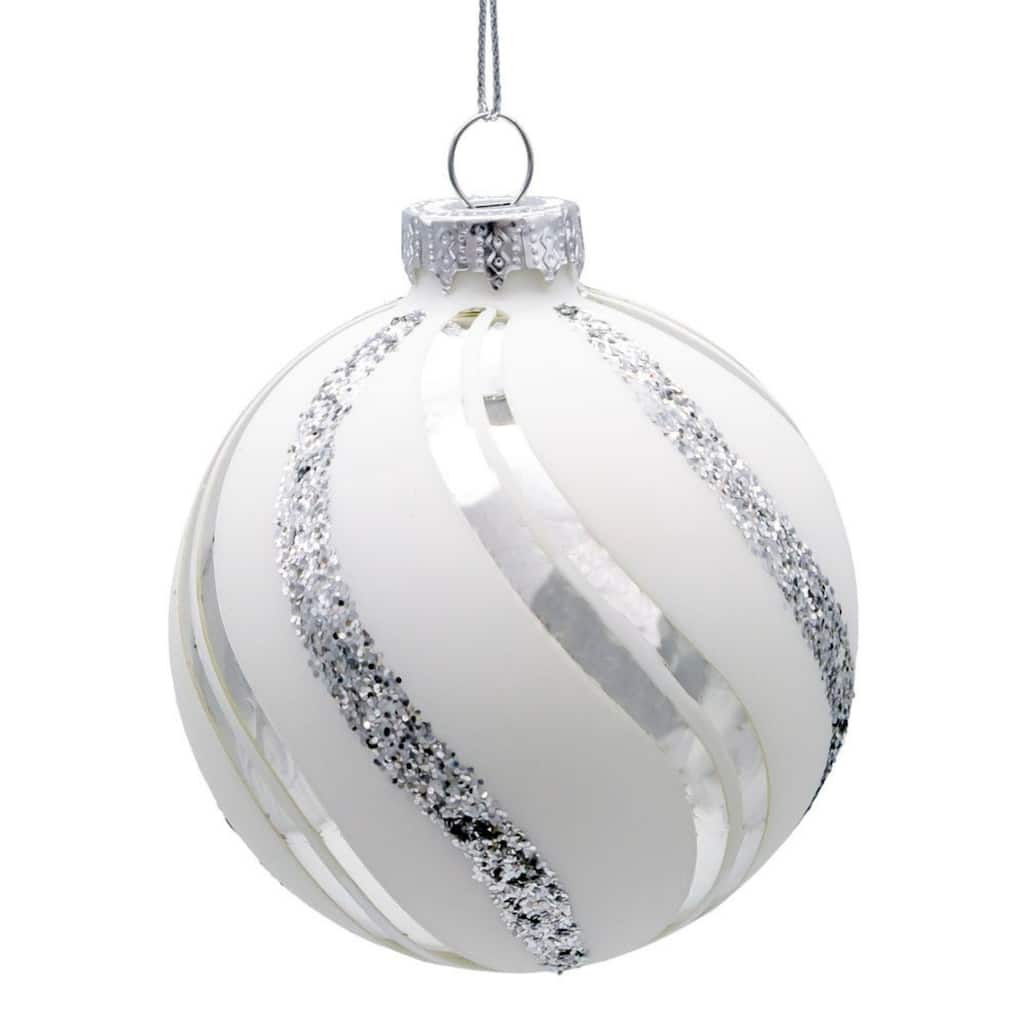 Glittered Swirl Christmas Ball Ornaments 3" 80mm White Silver 6ct