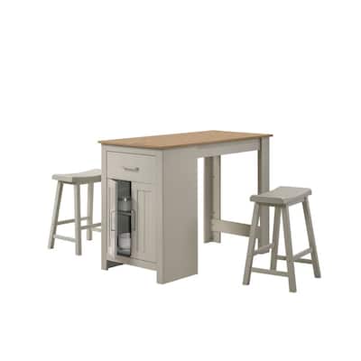 3 Piece Dining Table Kitchen Island with Storage, Counter Stools, Gray