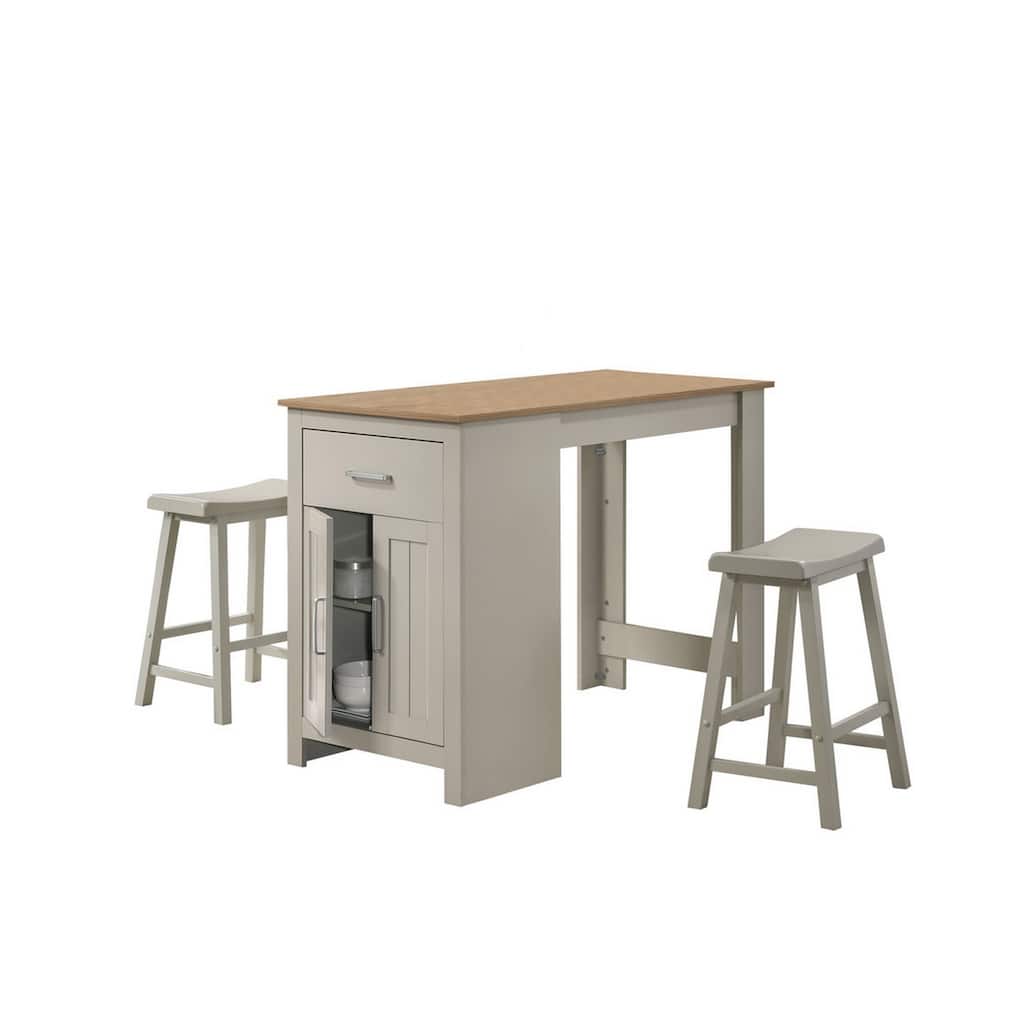 3 Piece Dining Table Kitchen Island with Storage, Counter Stools, Gray