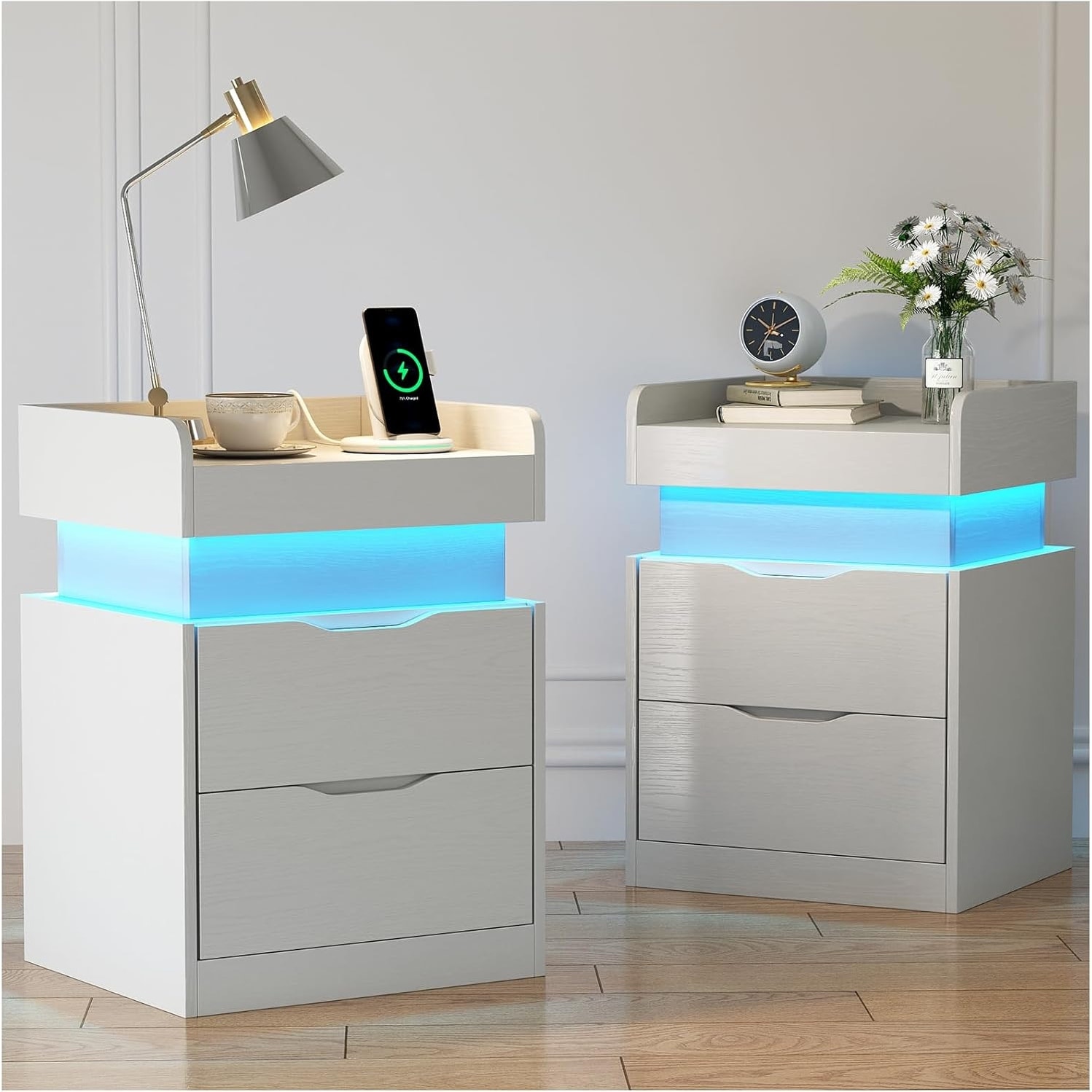 Modern Nightstand with Charging Station, LED Lights, and 2 Drawers, White