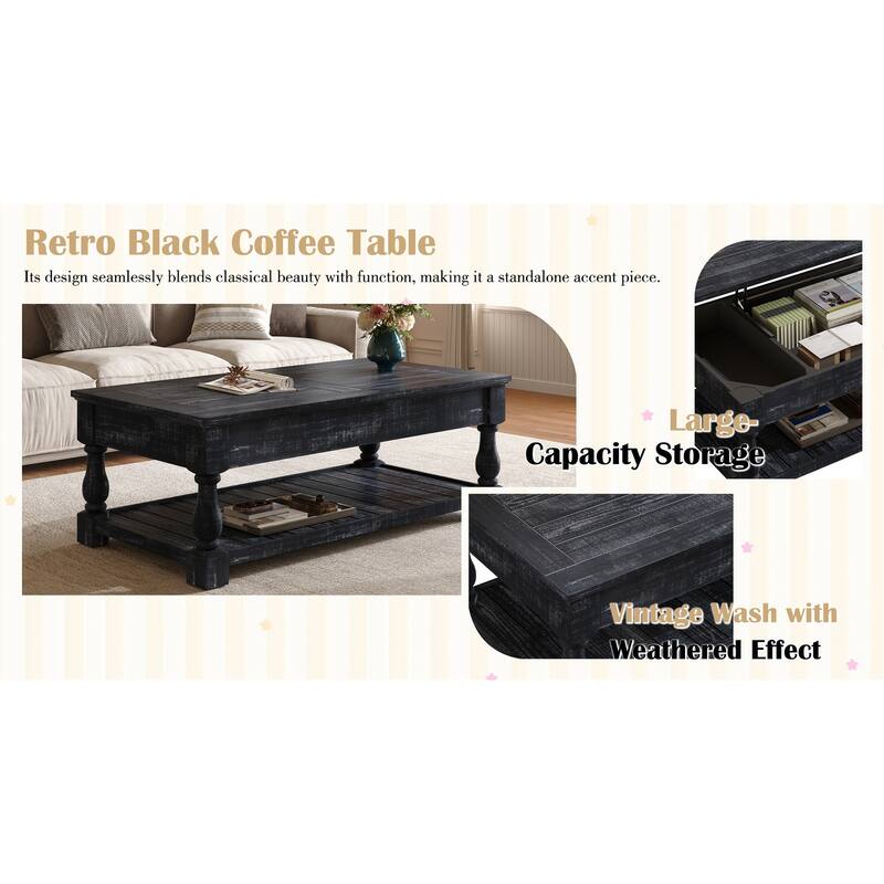 47" Farmhouse Lift Top Coffee Table with Fixed Shelf and 3 Hidden Storage Trays