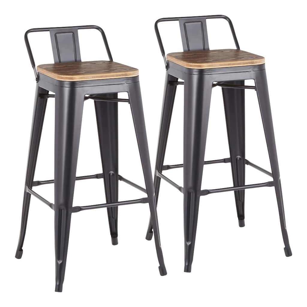 2 Oregon Black Metal WoodPressed Grain Bamboo Low Back Barstools 35"