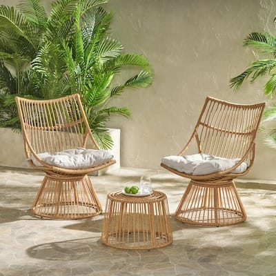 Retro Wicker High-Back Chair Set w/ Cage Frame Side Table & Water-Resistant Tufted Cushions, Mid-Century Design Chair