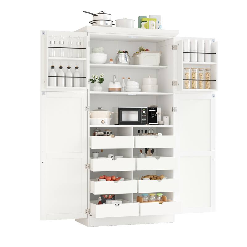 70.9 inch Freestanding Kitchen Cabinet, Tall Storage Cabinet with 4 Doors, 2 Door Shelves, 8 Pull-out Trays and Adjustable Shelf