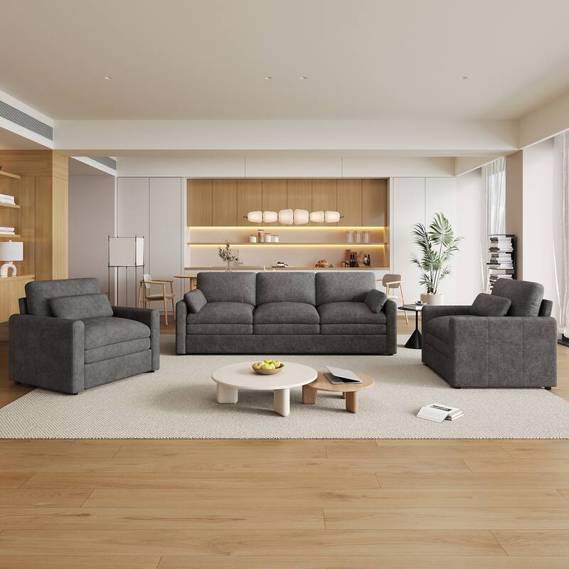 3-Piece Chenille Sofa Set with Oversized Cushions and Lumbar Pillows by Harper&Bright Designs