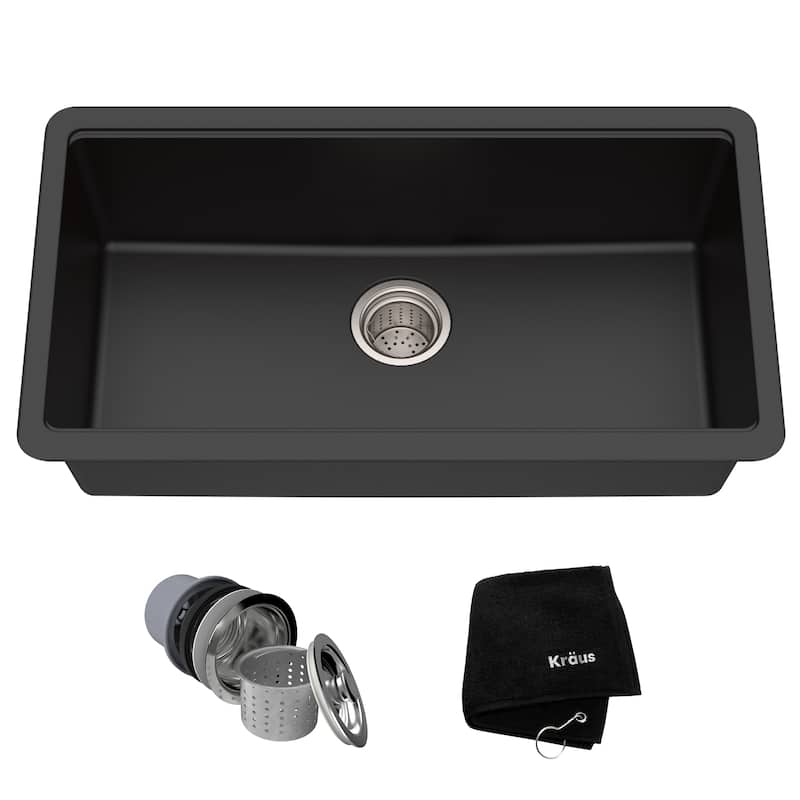 KRAUS Granite Black Onyx 31 inch 1-Bowl Undermount Kitchen Sink - Black - 30 1/2" x 17" (sink KGU-413B)