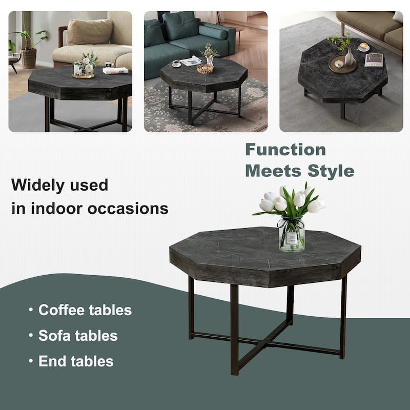 Octagonal Retro Patchwork Farmhouse Coffee Table with Wooden Tabletop Cross Metal Legs, for Living Room Antique Brown