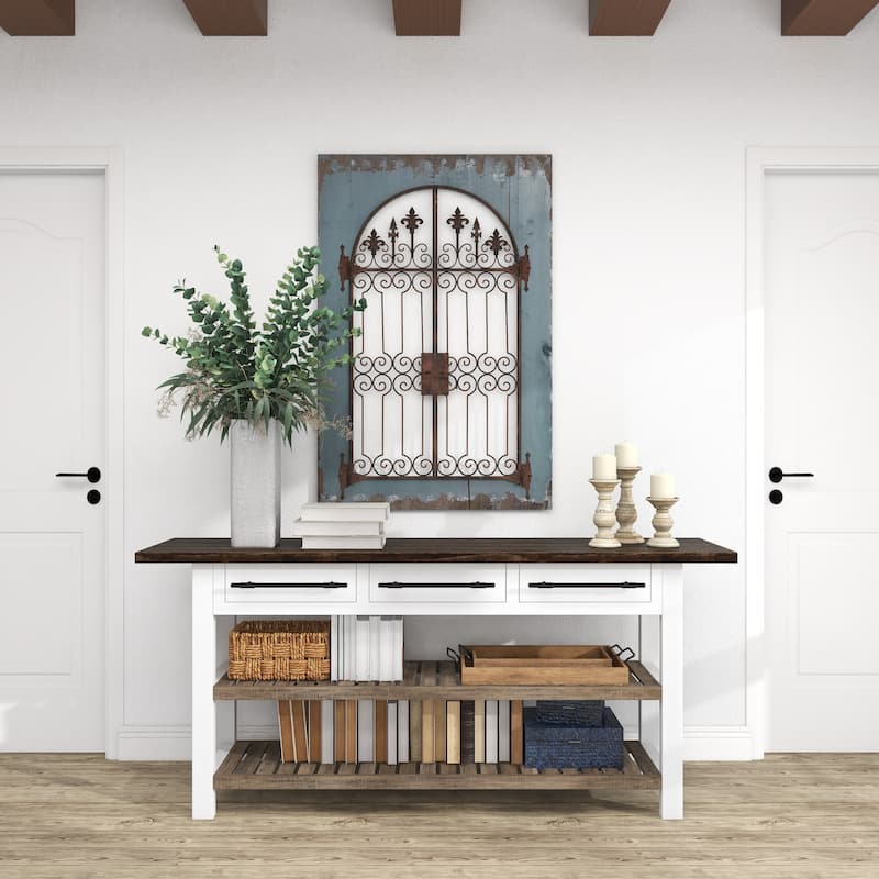 Wood Fleur De Lis Arched Windowpane Home Wall Decor with Rust Metal Scrolled Gate - Blue - Roche River Decor