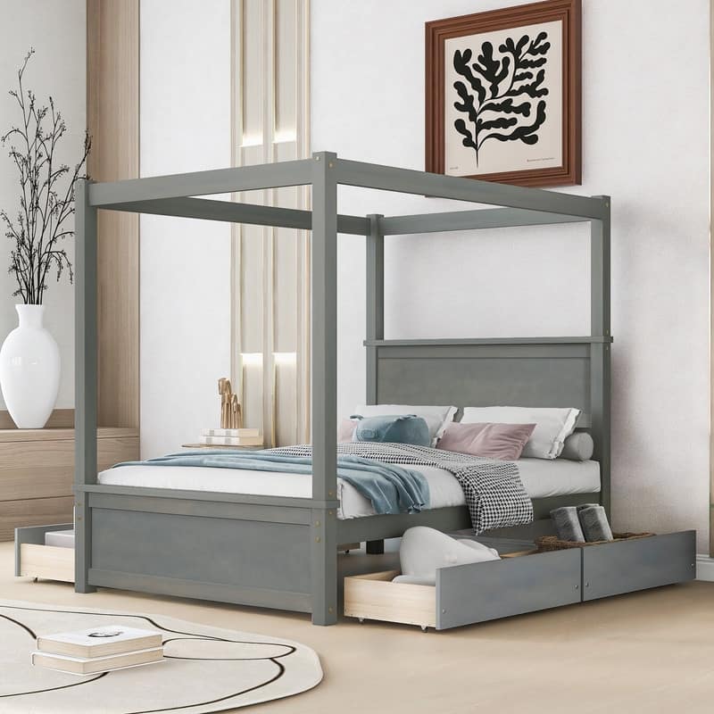 Full Size Wood Canopy Bed with 4 Drawers