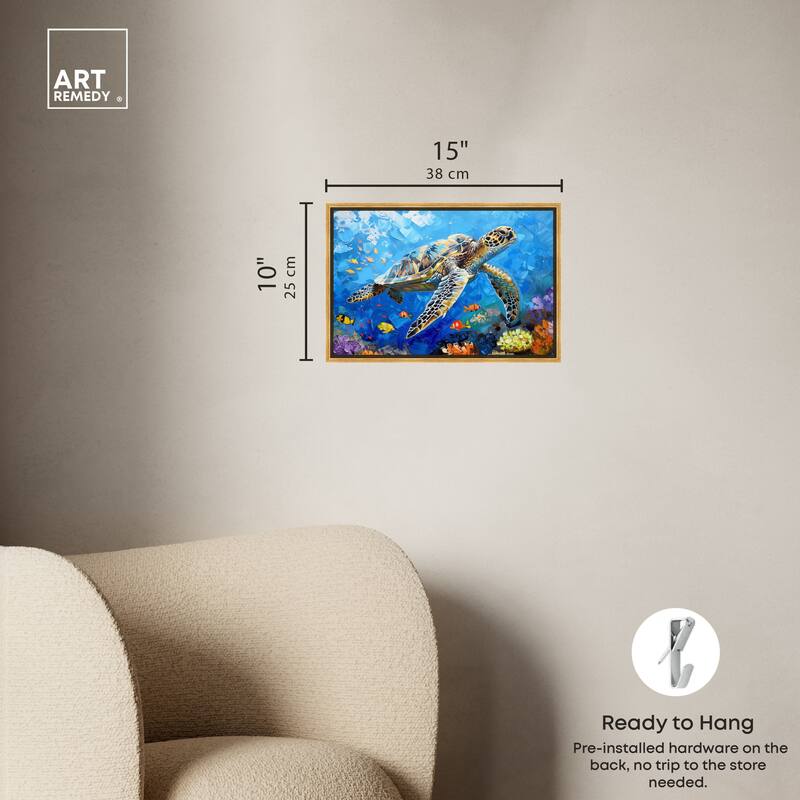Art Remedy Turtle Swimming Framed Colorful Coastal 1 Piece Canvas Wall Art