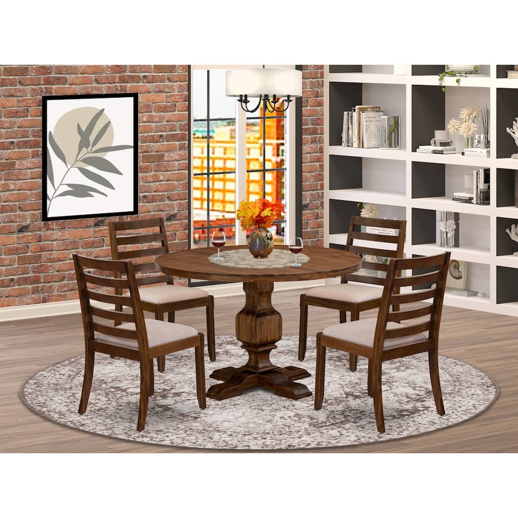 East West Furniture Dining Table Set included a Round Table and stackable Chair, Antique Walnut (Pieces & Seat Options)