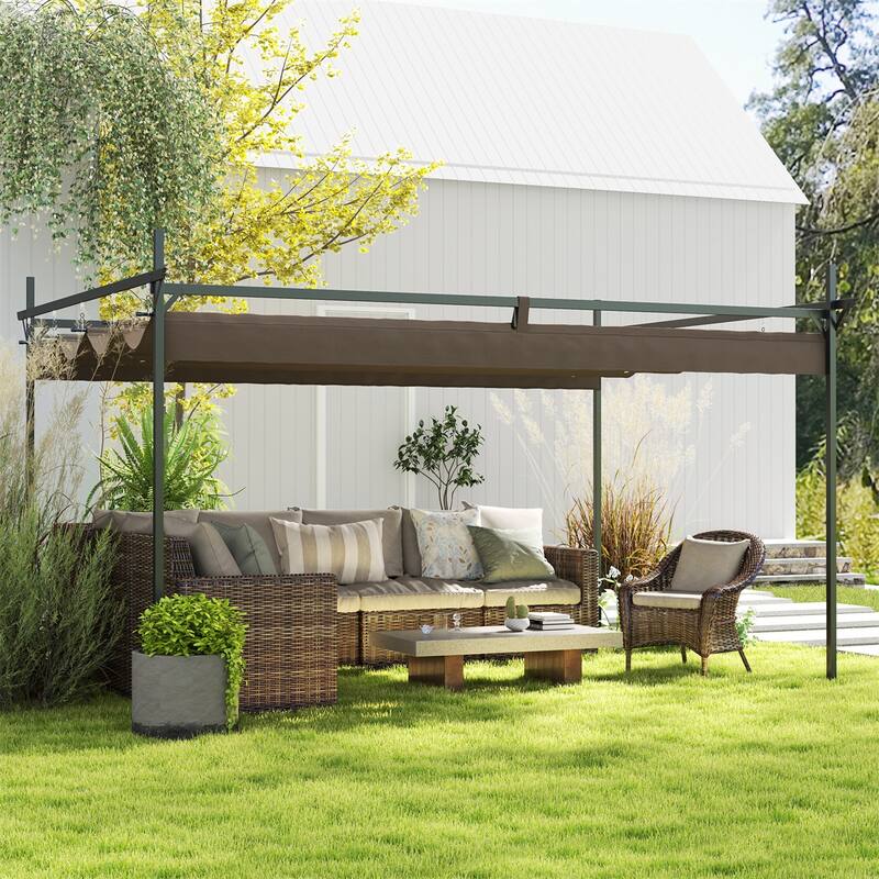 Brown Metal Pergola with Adjustable Sliding Canopy Rust-Resistant Frame, UPF30+ Splash-Proof Polyester Fabric for Patios