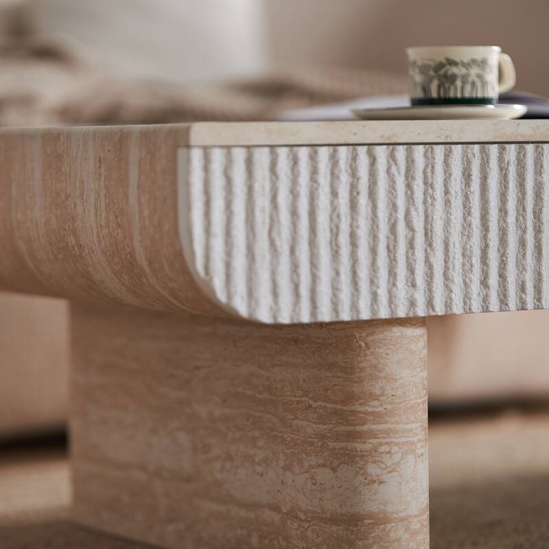 Coffee Table with Faux Marble Tabletop, Mid Century Modern Coffee Table with Fluted Drawer, Coffee Table for Living Room