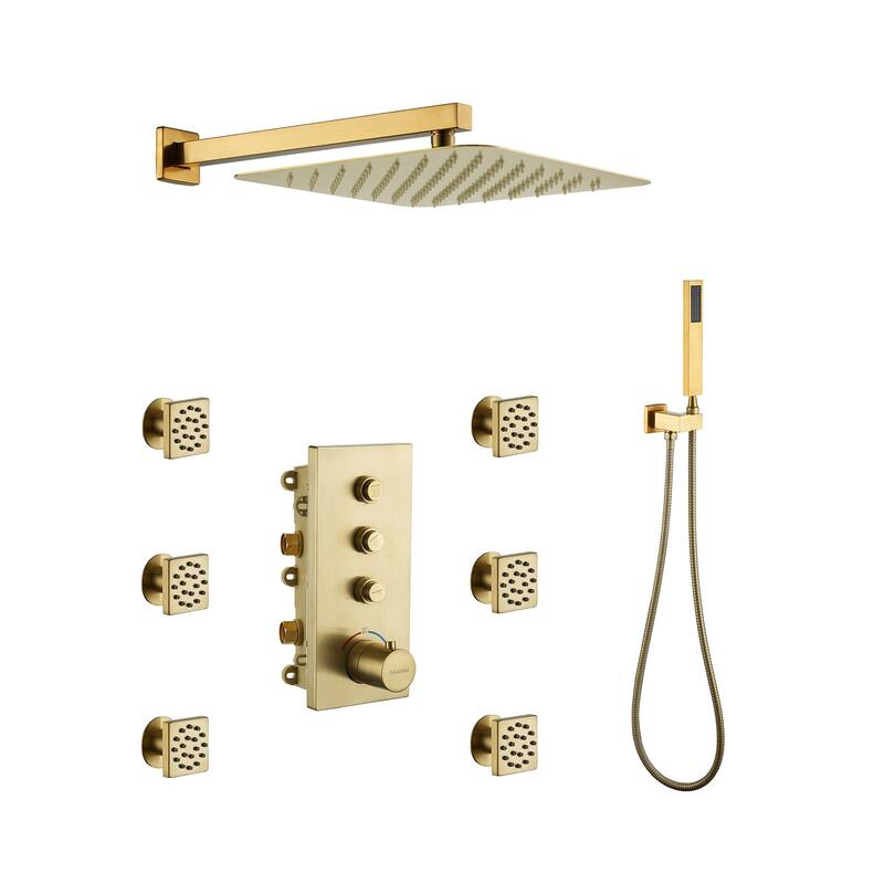 3 Functions 12 Inch Wall Mount Thermostatic Shower System in Brushed Gold - Brushed Gold