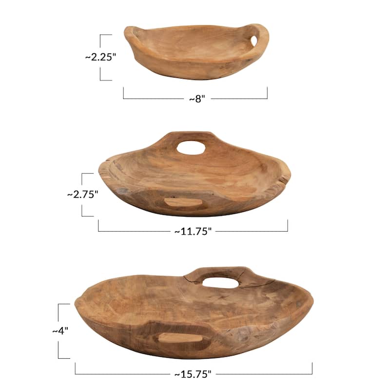 Teak Wood Bowls with Handles, Set of 3 (Each One Will Vary)