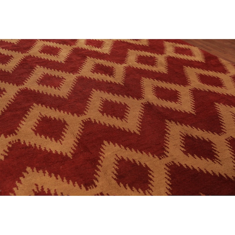 Hand Knotted Oriental 100% Wool Carpet Modern Geometric Red Moroccan Area Rug - 11' 8'' X 8' 11''