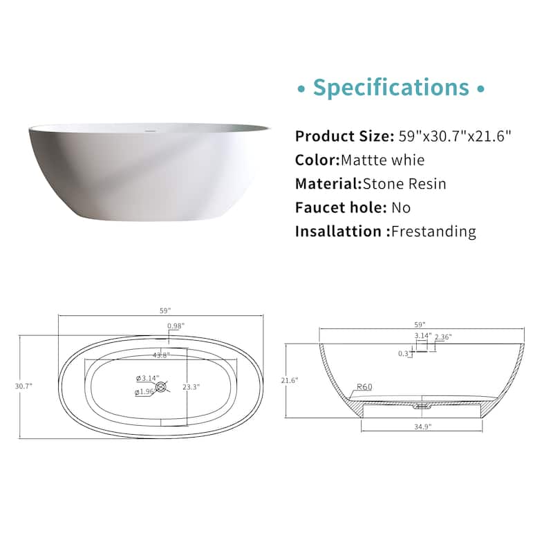 Premium Solid Surface Freestanding Soaking Bathtub with Center Drain and Pop-up Drain, Modern Matte White Tub with Overflow