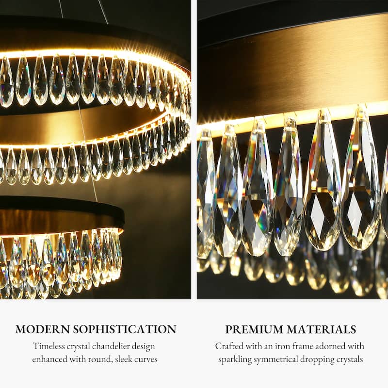 Modern LED Crystal Chandelier Luxury Black Gold Drum Light for Dining Living Room - D31.5" x H73" Max